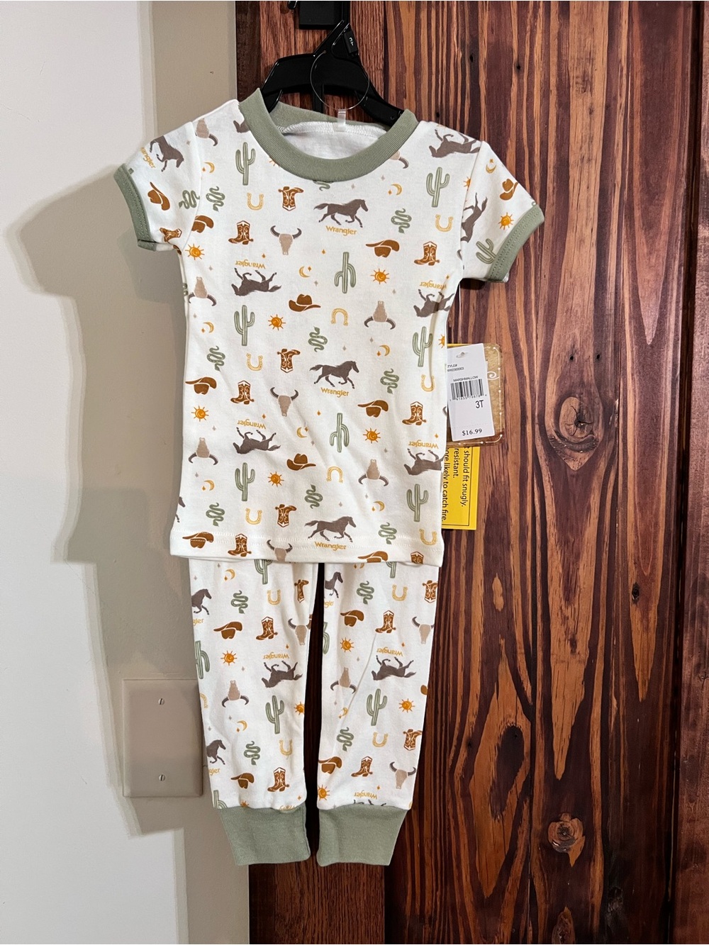 Wrangler Kids Western Print Pajama Set - White with Sage and Brown Accents